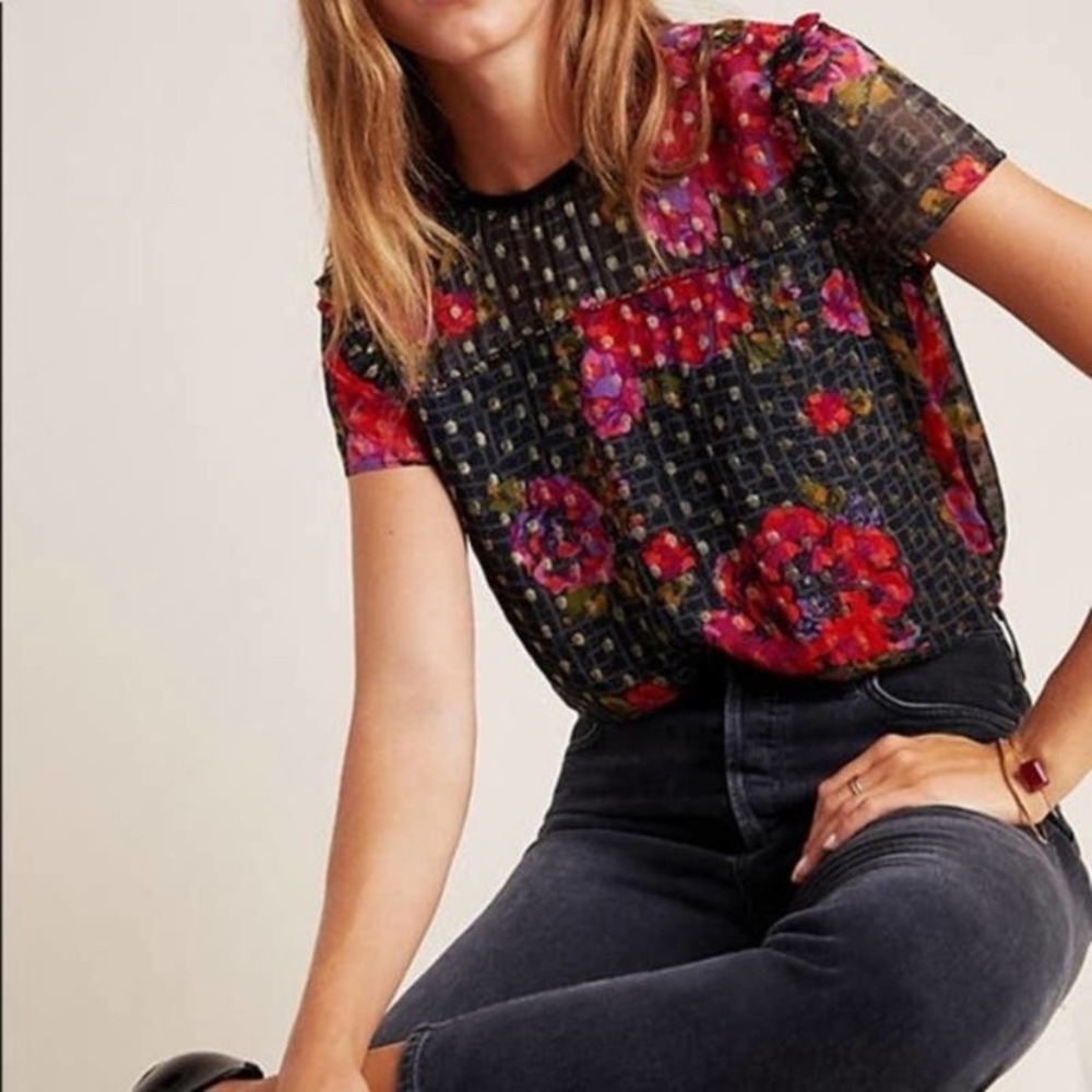 Anthropologie Black Floral Top 2P